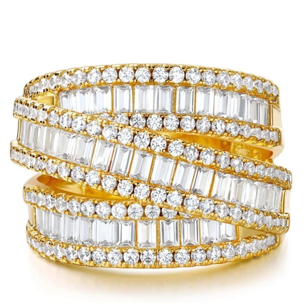 18K Yellow Gold and 3 Row White Diamond Cubic Zirconia Wide Band Ring